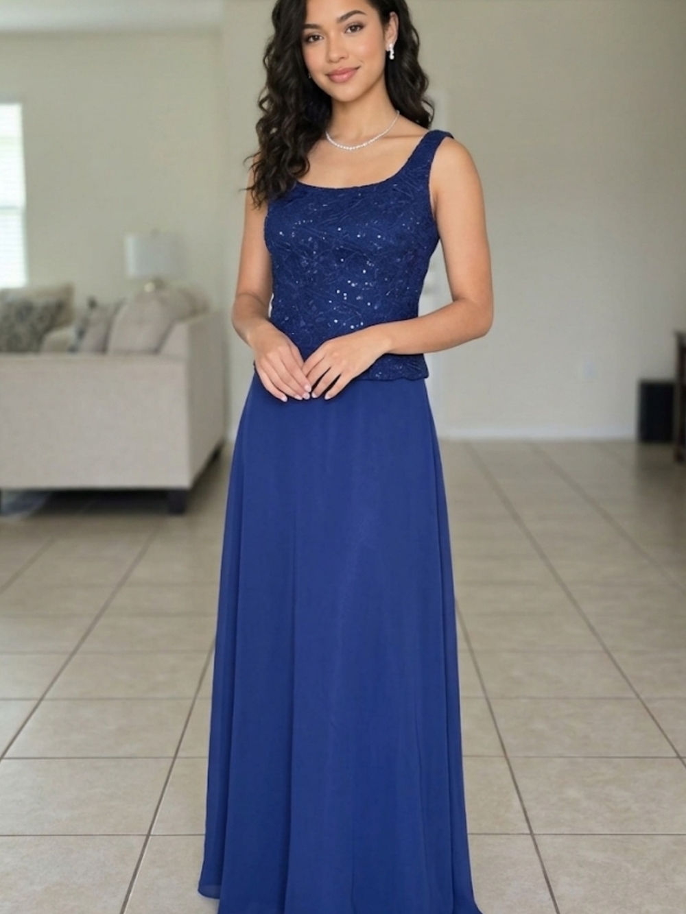 Alex Evenings Navy Beaded Scoop Neck Maxi Dress